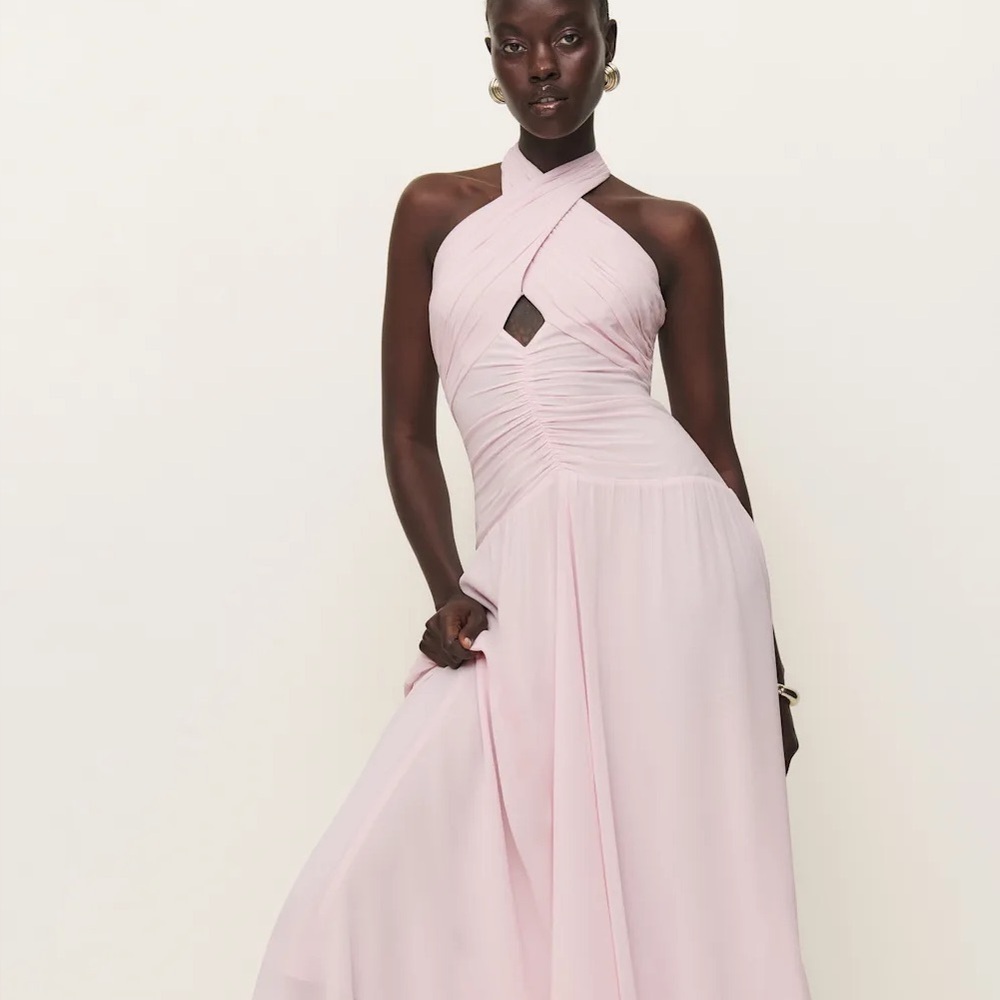 Reformation pale powder pink halter drop waist Cari midi dress - 6 (Small)